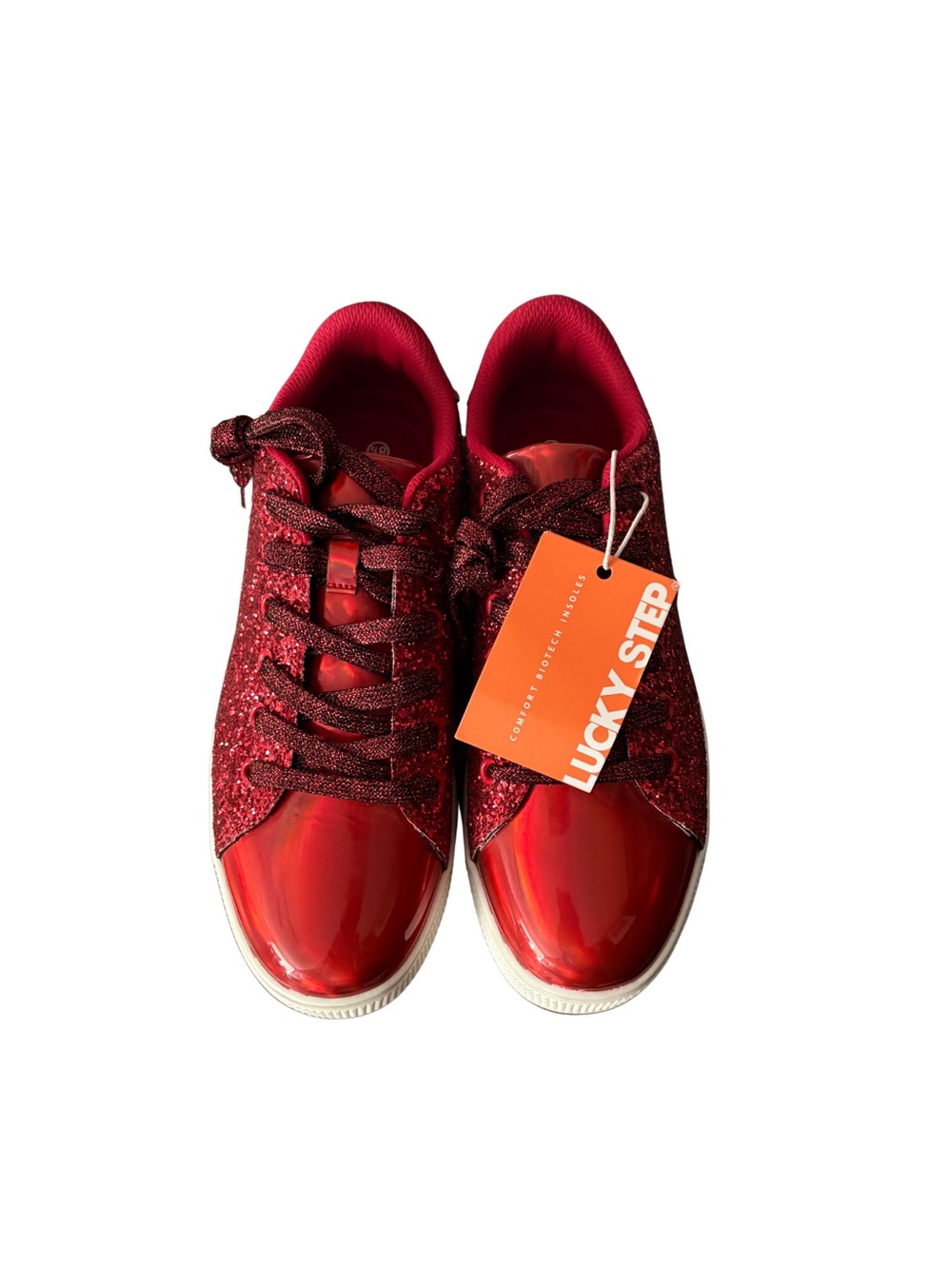Lucky Step Women’s Red Glitter Sneakers Size 8.5 Patent Toe W Tags, No Box